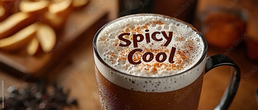 Poster iced chai latte with foam art in the shape of spice on a wooden table with slices of fruit and cinna