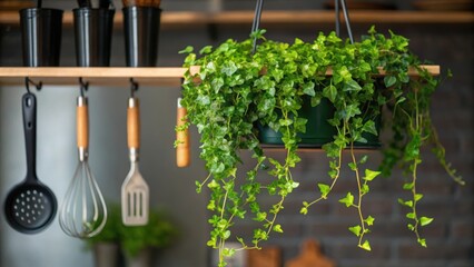 Closeup of a hanging shelf with a vibrant assortment of trailing ivy intertwining with kitchen utensils hanging nearby creating a lively and functional display.