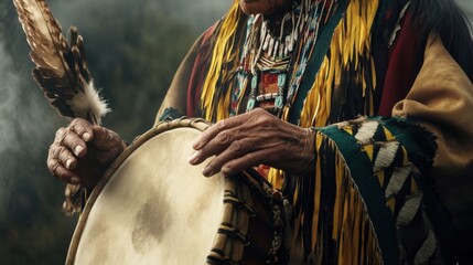 Elder playing ceremonial drum outdoors.