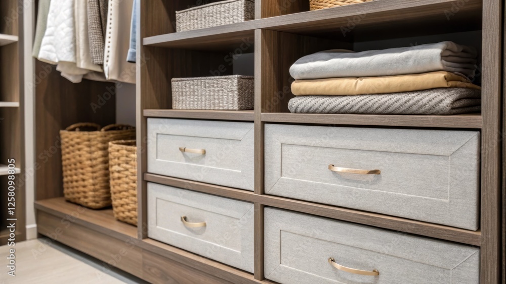 Poster closeup of an entryway closets interior with a combination of open shelving and closed drawers focus