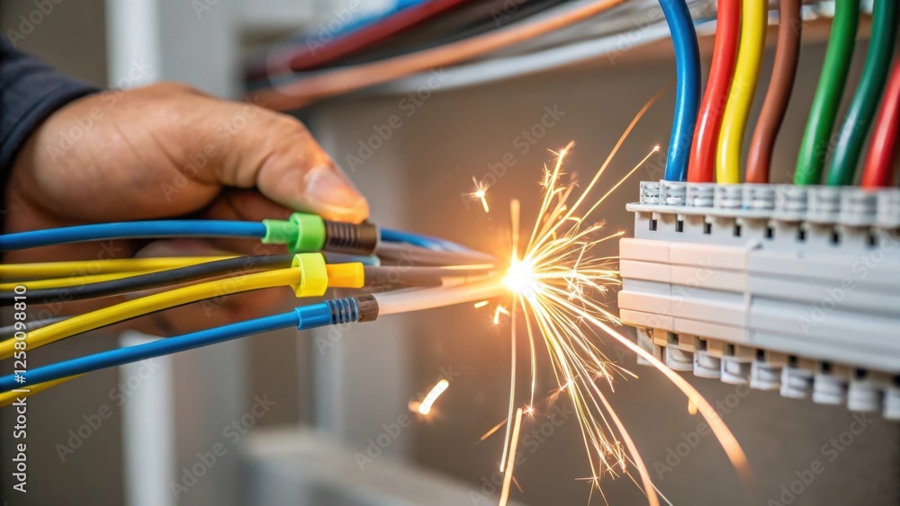 Poster Closeup of an electricians hand wiring track lights showcasing the colorful electrical wires and the sparking connection as they synchronize lighting techniques.