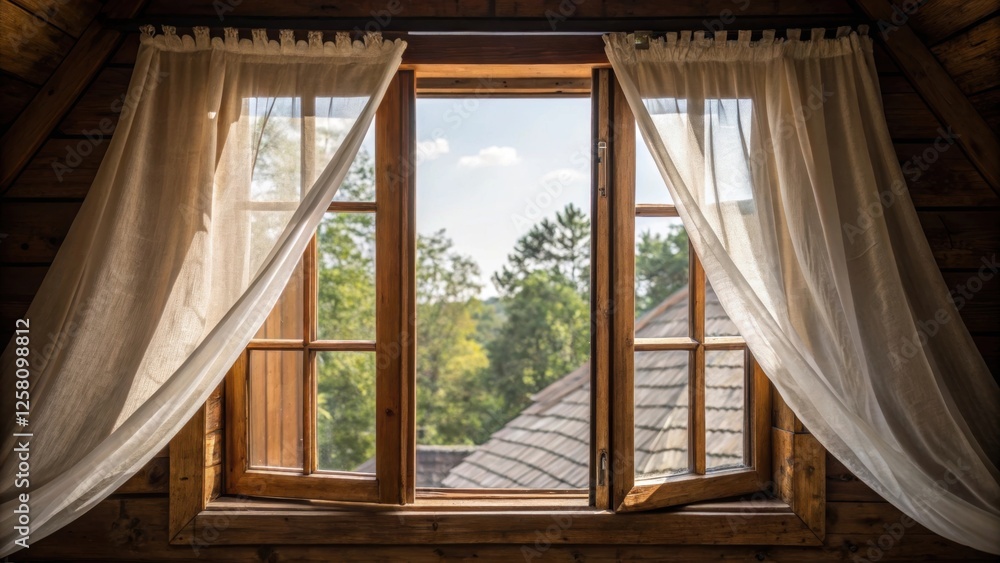 Poster Closeup of an open window in a transformed attic space with curtains fluttering gently allowing fresh air to circulate while revealing glimpses of surrounding trees and rooftops.