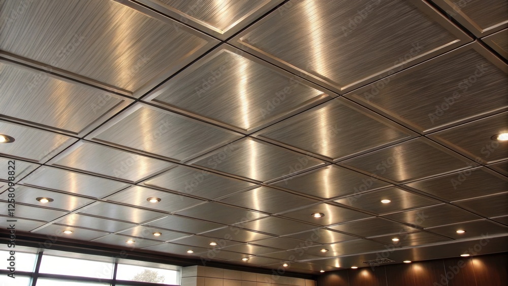 Poster closeup of a metallic ceiling tile featuring a brushed steel texture with light reflections that emp