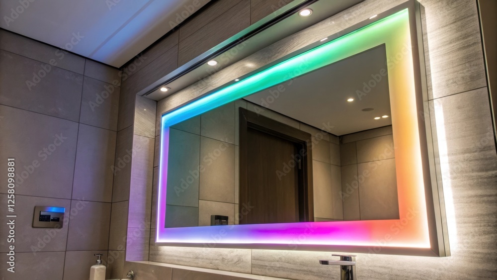 Fototapete closeup of a modern bathroom mirror integrated with led technology displaying a vibrant spectrum of 