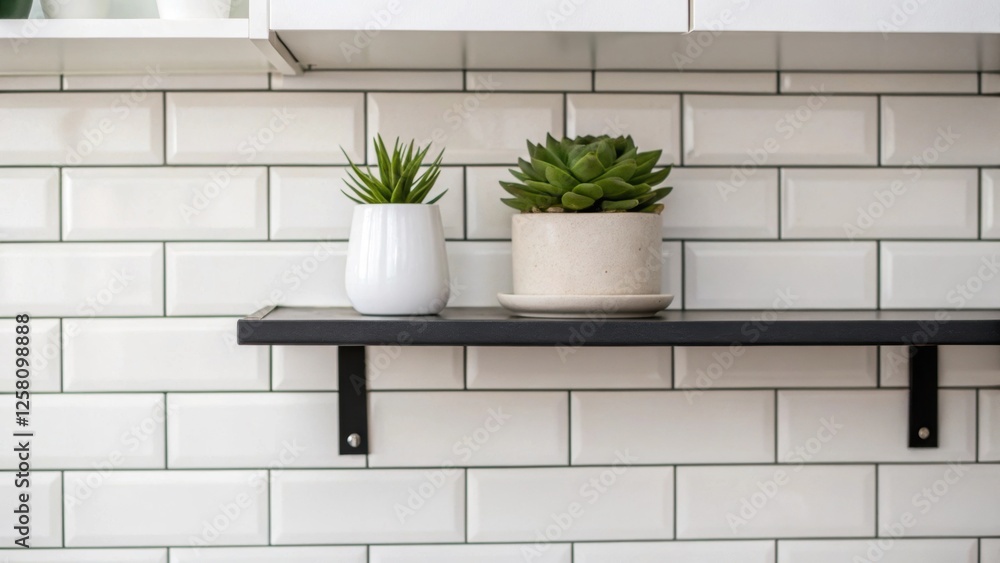 Poster closeup of a minimalist wallmounted shelf with a single lush succulent set against a backdrop of whi