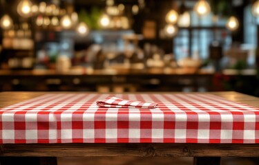 Red and white checkered tablecloth on a wooden table with a blurred background of a restaurant interior.