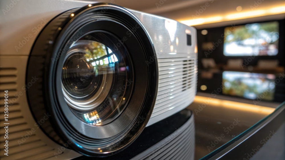 Poster closeup of a projector lens with reflections of the surrounding room illuminated in the glass surfac
