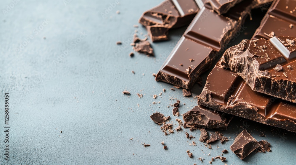 Poster this image captures a delicious arrangement of broken dark chocolate bars with a soft focus backgrou