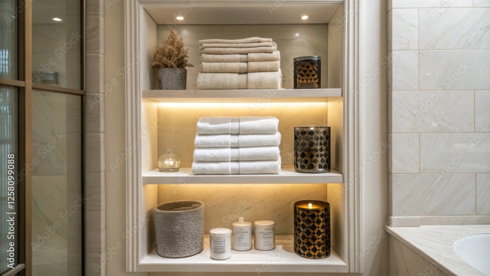 Aufkleber Closeup of a recessed shelf filled with neatly folded towels and decorative items blending functionality and design in a welllit bathroom.