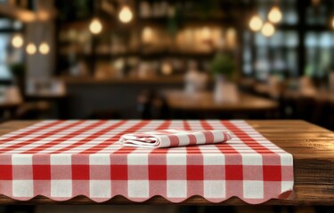 Red and white checkered tablecloth on a wooden table with a blurred background of a restaurant interior.