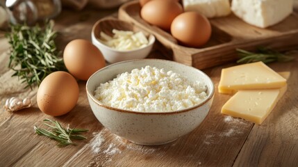 Fototapeta premium Beautiful aesthetic background with fresh raw farm food: eggs, cottage cheese, camembert cheese. Idea for healthy protein food, fermented milk. Healthy nutrition, concept for farm products, organic fo