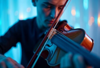 Fototapeta premium Musician Playing Violin in Studio Setting with Creative Lighting