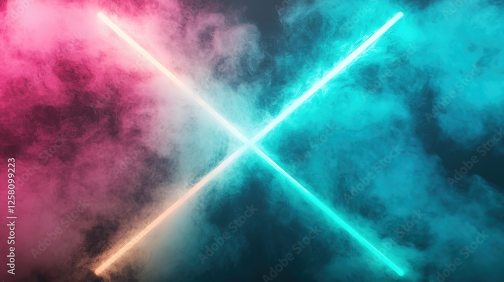 Poster a mesmerizing display of intersecting neon lights amidst colorful smoke forms an intriguing abstract