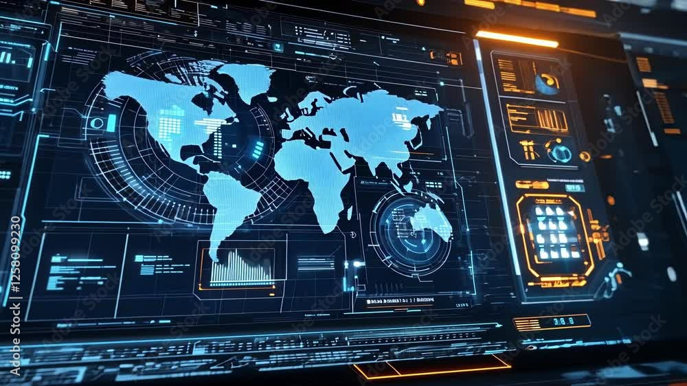 Poster displaying a complex digital interface with a world map, data analysis charts, and metrics, suggesti