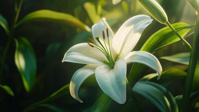 Close Up Delicate Creamy White Lily In Sunlight