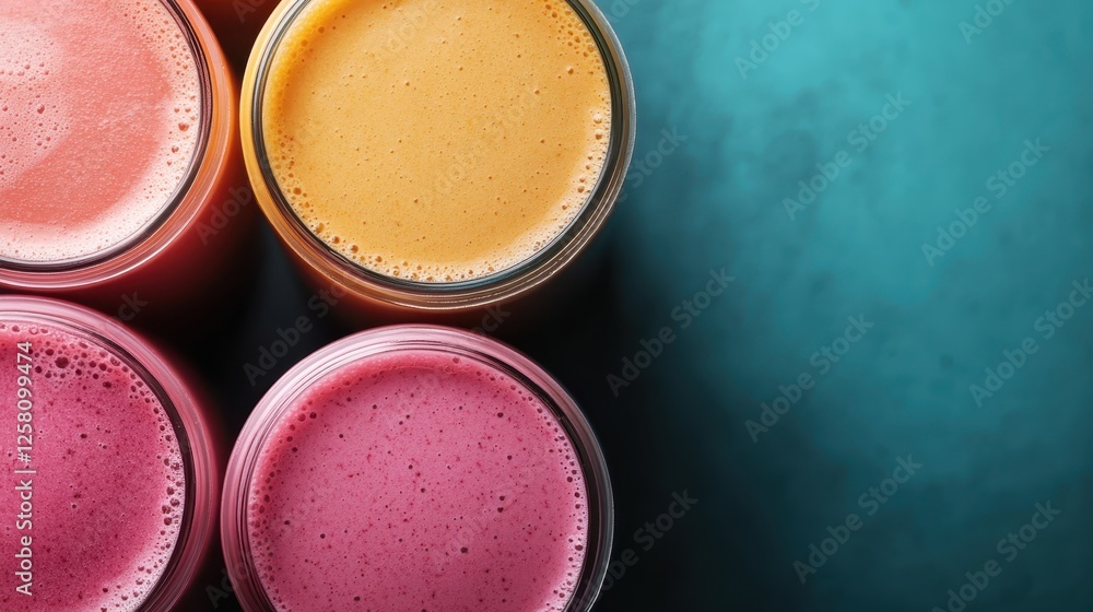 Aufkleber an overhead view of colorful milkshakes in individual jars, highlighting multiple flavors and toppin