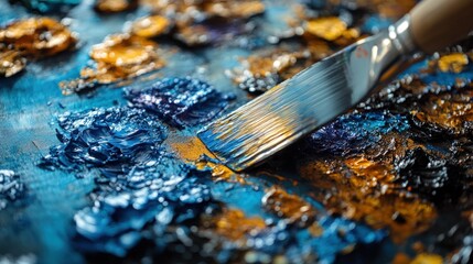 Naklejka premium Palette knife blending blue and gold oil paint.
