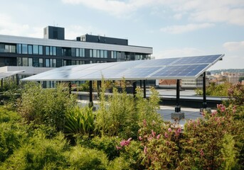 Obraz premium Solar panels on a rooftop garden with greenery