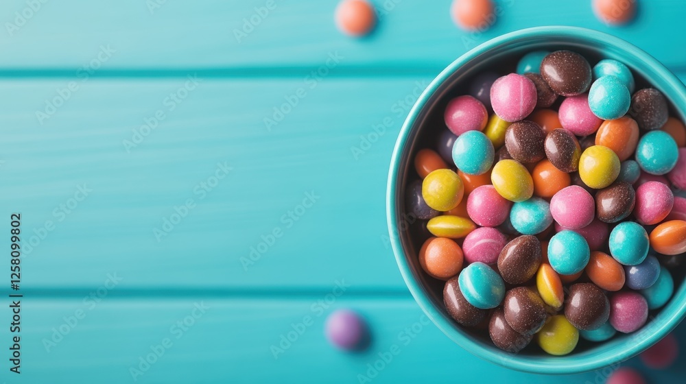Poster a bowl filled with an array of colorful candies sits invitingly on a wooden surface, showcasing a de