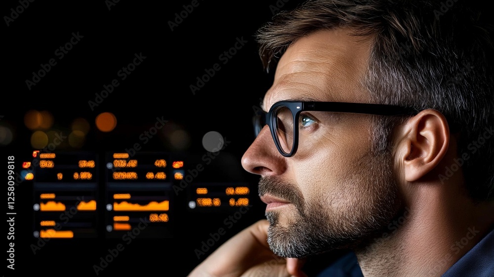 Poster thoughtful man gazing at digital screen with illuminated data graphs