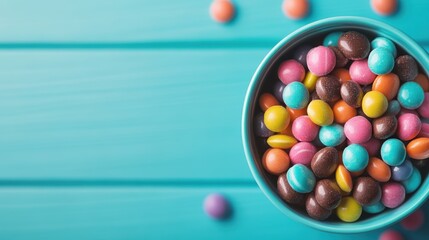 A bowl filled with an array of colorful candies sits invitingly on a wooden surface, showcasing a delightful mixture that captures the essence of fun and enjoyment.