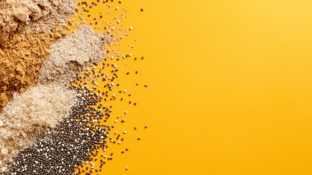 An array of beautifully arranged spices contrasts against a warm yellow background, showcasing a rich tapestry of culinary essentials perfect for enhancing any dish.