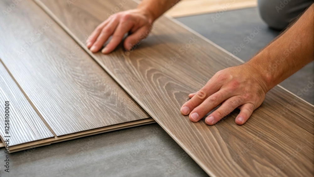 Poster closeup of hands gently pressing a luxury vinyl plank into place showcasing the interlocking mechani