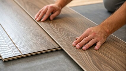 Closeup of hands gently pressing a luxury vinyl plank into place showcasing the interlocking mechanism and the grain texture of the flooring.