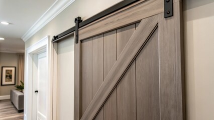 Closeup of the doors edge where the barn door meets the wall demonstrating how snugly it fits in a modern interior.