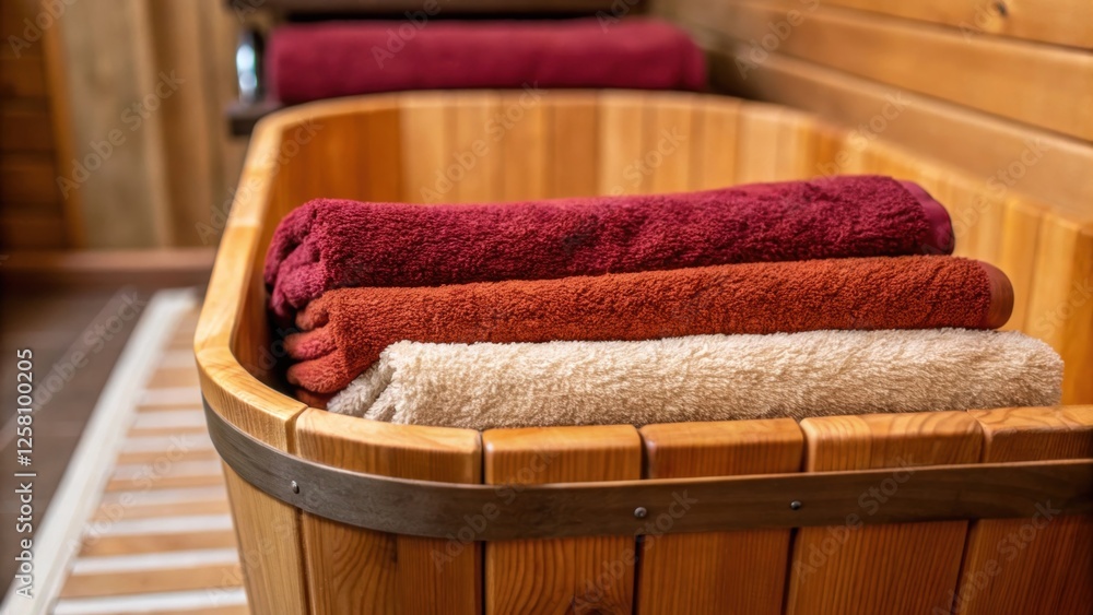 Aufkleber Closeup of the tub lined with soft plush towels their colors complementing the rich tones of the wooden soaking tub and creating a warm inviting environment.