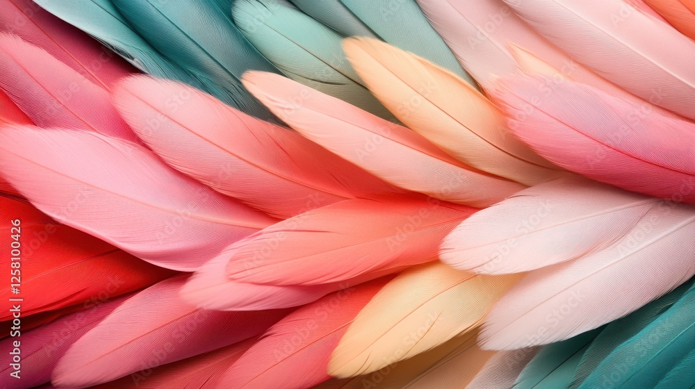 Fototapete An array of soft pastel feathers forms an abstract canvas, blending delicate hues that invite a sense of calmness and inspire creativity through their serene presence.