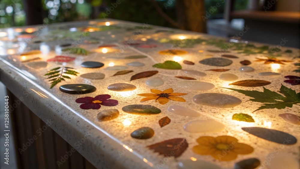Fototapete Closeup view of a translucent resin countertop light shining through its embedded natural elements creating a captivating glow.