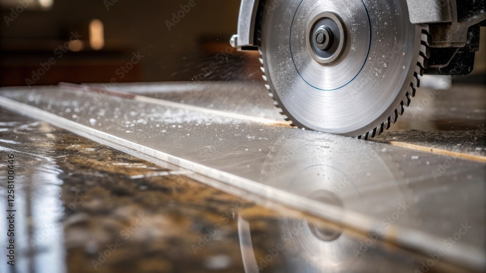 Poster Closeup view of a circular saw ting a marble countertop with light reflecting off the wet surface highlighting the precision of the .