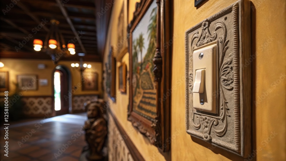 Aufkleber closeup view of a dimmer switch being adjusted with the surrounding walls adorned with various art p