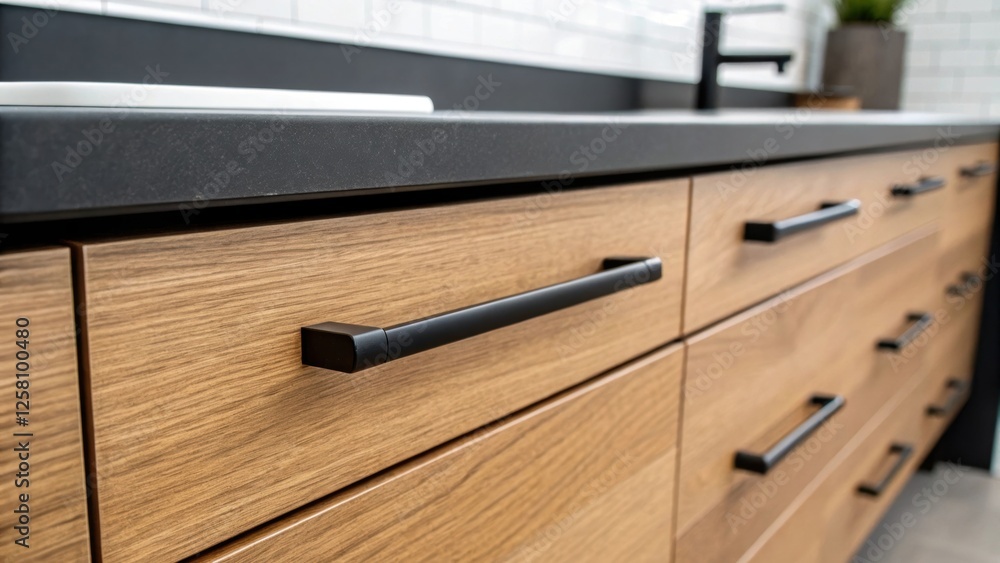 Poster Closeup view of minimalist drawer handles on a floating vanity highlighting clean lines and a matte black finish that complements the warm wood tones of the cabinetry.