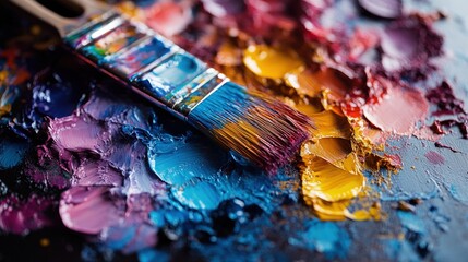 Fototapeta premium Paintbrush, palette, vibrant oil paints, artistic colors.