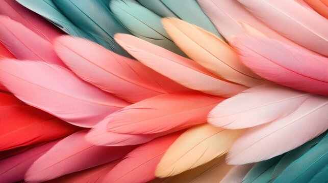 An array of soft pastel feathers forms an abstract canvas, blending delicate hues that invite a sense of calmness and inspire creativity through their serene presence.