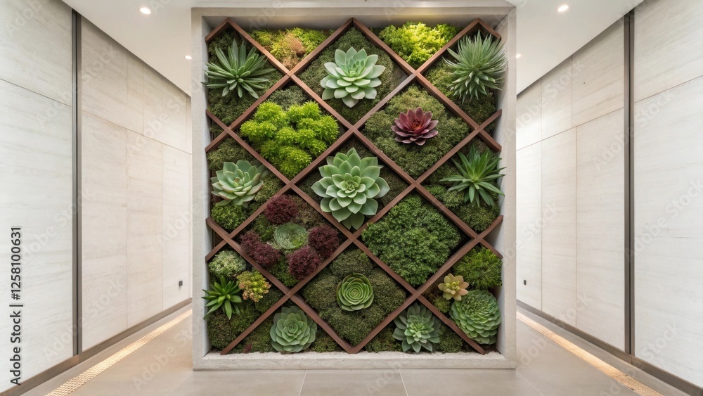 Poster detailed view of a vertical garden featuring succulent plants arranged in a geometric pattern emphas