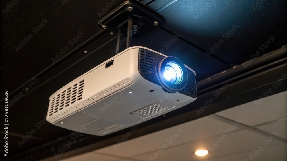 Poster Detail shot of a projectors LED indicator light glowing softly surrounded by the dark ceiling backdrop symbolizing readiness for use in an entertainment environment.