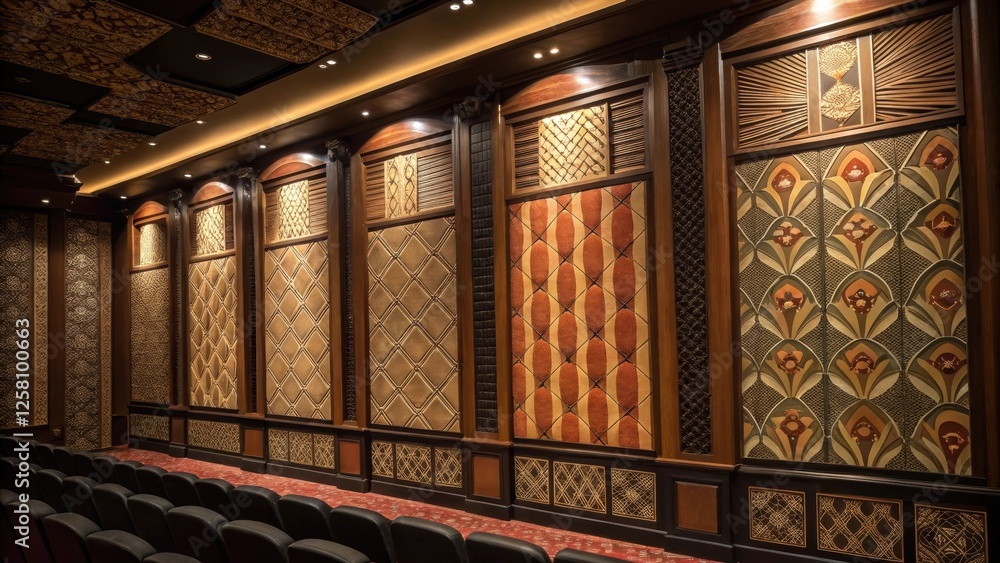 Poster Detailed view of the acoustic panels lining the walls designed to minimize sound distortion dressed in artistic fabrics that enhance the overall aesthetic of the theater.