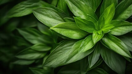 Obraz premium A close-up shot of glossy green leaves arranged gracefully, reflecting nature’s elegance and peacefulness, adding a touch of freshness to any environment.