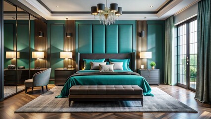 Elegant Modern Bedroom Design: Black & Cyan Sleek Accents - Aerial View