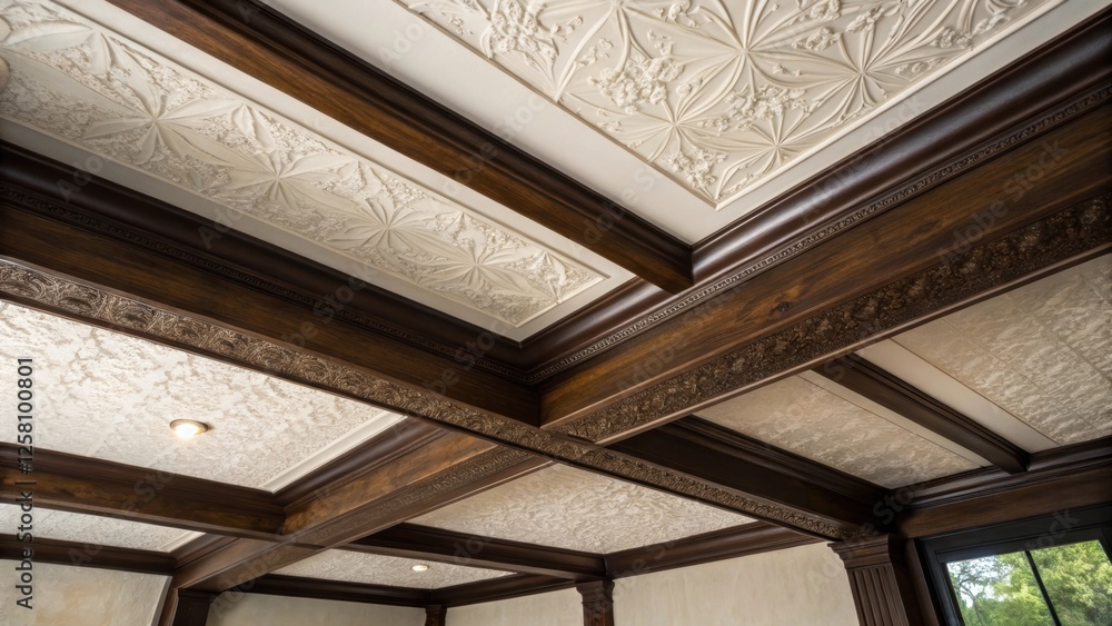Aufkleber Medium closeup capturing the contrast between dark wood beams and a lightcolored ceiling with textured plaster details that add visual interest and dimension.