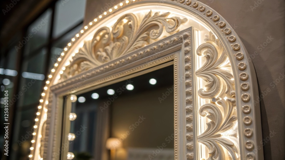 Poster Medium closeup capturing the intricate details of a builtin mirrors design featuring elegant LED backlighting that subtly enhances the contours of the mirror frame.