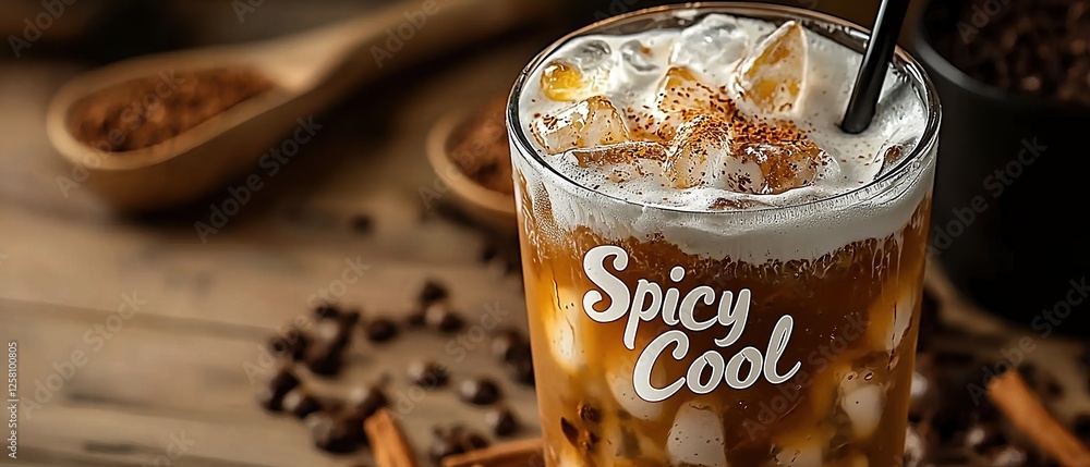 Poster iced chai latte in glass with foam art and spices on rustic table