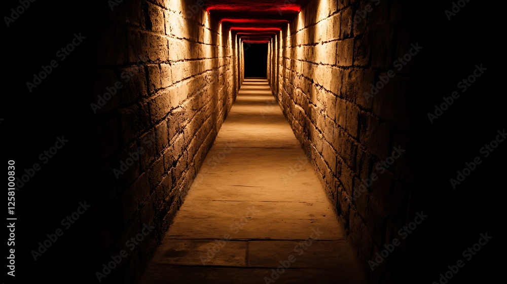 Poster enigmatic stone tunnel illuminated by dim lights creating an atmospheric and mysterious passage