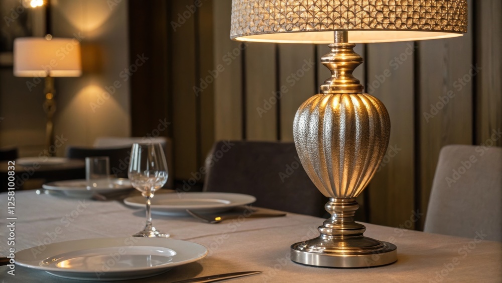 Aufkleber Medium closeup capturing the shimmering effect of a metallic table lamp positioned beside a dining table casting a warm glow and adding elegance to the space.