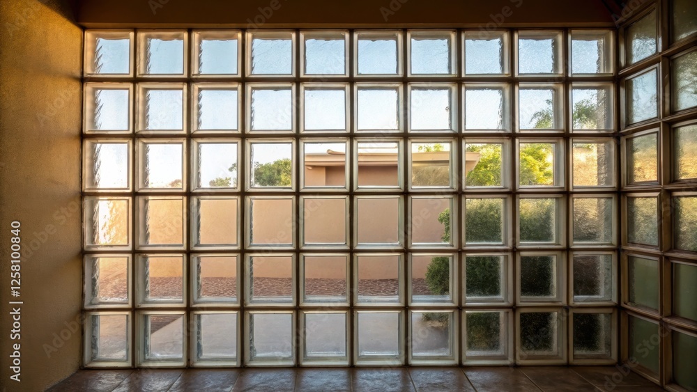 Poster medium closeup from behind a glass block wall showing the contrast between the bright soft light and