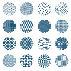 透過した背景に藍色の雪の形のフレームと日本の伝統的なシームレスパターンのセット