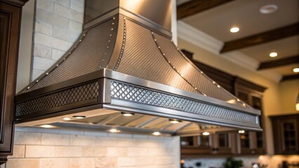 Obraz premium Intricate detail of a stainless steel range hood capturing the brushed metal texture and the modern design with soft ambient lighting creating a warm atmosphere.